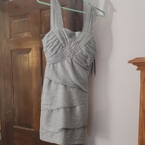 City Studio Silver Asymmetrical Ruched Mini Dress